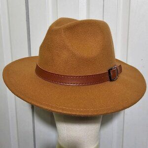 Wool Blend Felt Fedora Hat Brown Belt Brim Winter Fall Adjustable Men Women EUC